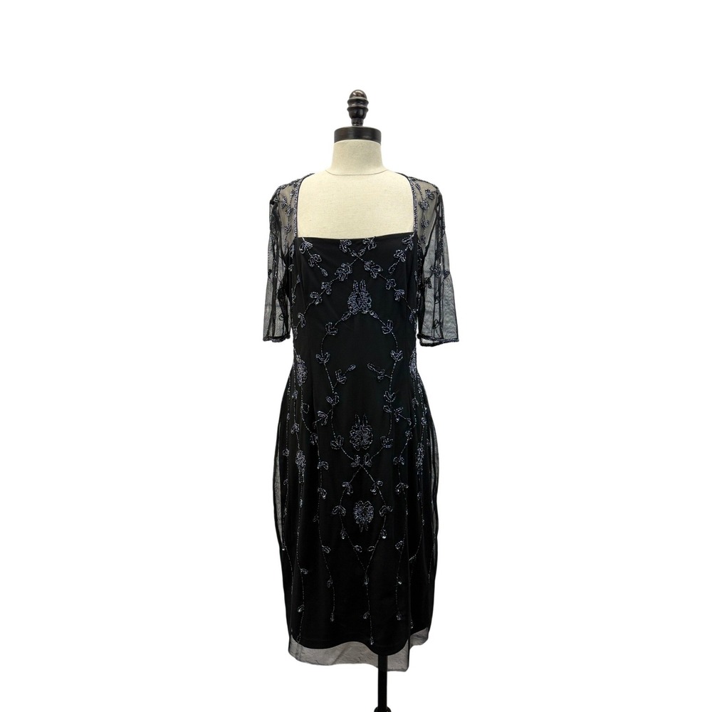 Papell Studio Beaded Sheath Dress Women L Black Excellent Keyhole Mesh Cocktail - Picture 3 of 6